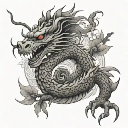 Japanese Dragon Intertwined With A Aztec Dragon With A Blossom Tree And Macuahuitl