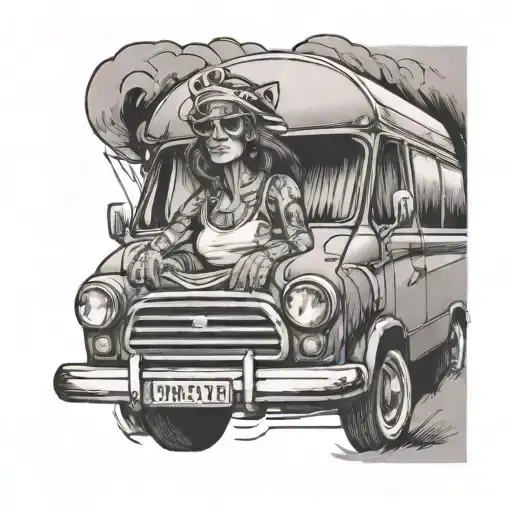 Mini Hightop Van With Older Hippi Woman Driving