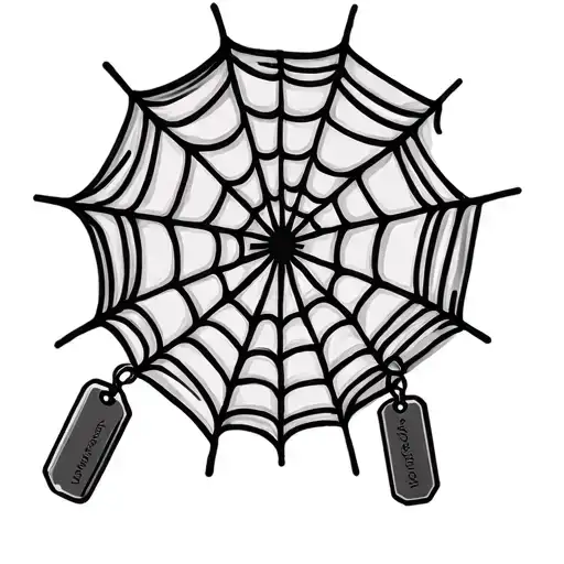 Medium Sized Shoulder Tattoo Of A Spider Web With A Pair Of Dog Tags Hanging In The Middle