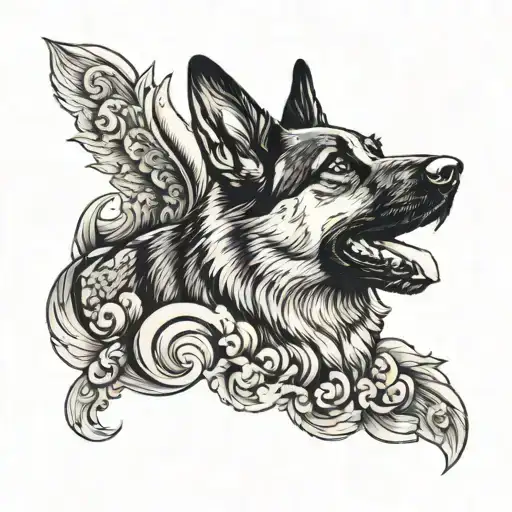 A German Shepherd With A Halo Surrounded By Swirling Clouds And Angelic Figures