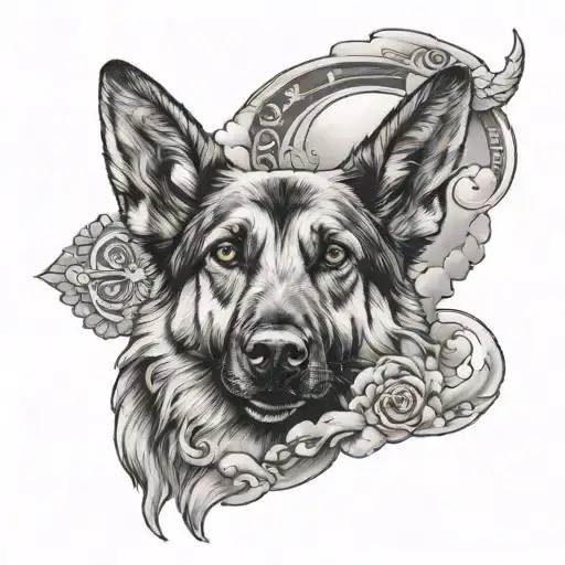 A German Shepherd Surrounded By Angelic Figures In A Cloudy Sky