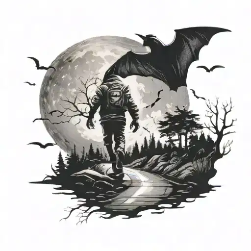 Man Walking Up Road With Trees On The Side And Moon In The Sky With Bats
