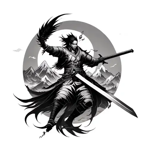 Asian Sword Fighter With Mountains Rising Phoenix