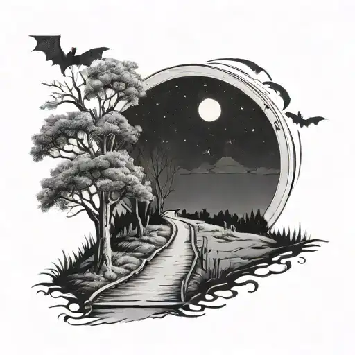 Man Walking Up 1 Lane Road With Trees On The Side And Moon In The Sky With Bats