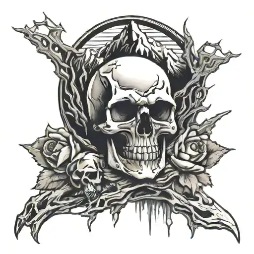 Death Metal Style Tattoo With Mountains And Skull