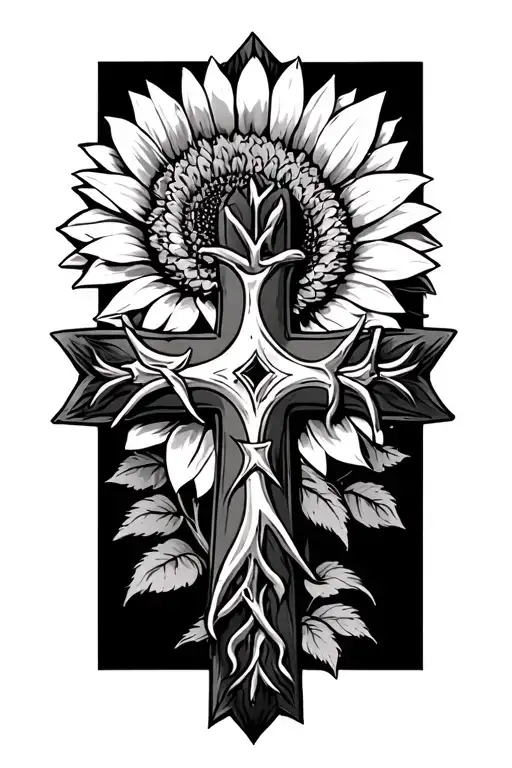 Cross Tattoo With X-xiv-mcmlxii And A Rose And Sunflower Behind It