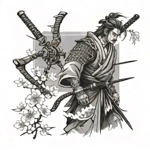 Samurai Without Armour Gazing Over Horizon With Cherry Blossoms In Background And Spider And Kanji