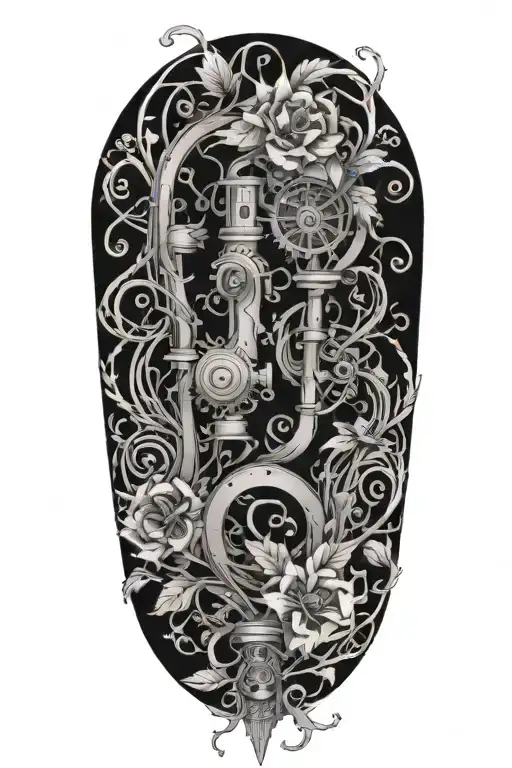 An Intricate Design Of Vines And Flowers Growing Around A Machinery Silhouette