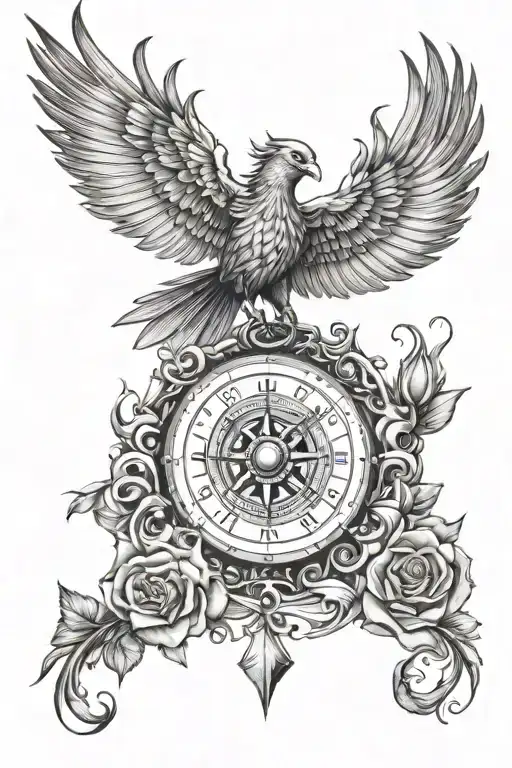 Phoenix Flying Compass Surrounded By Roses