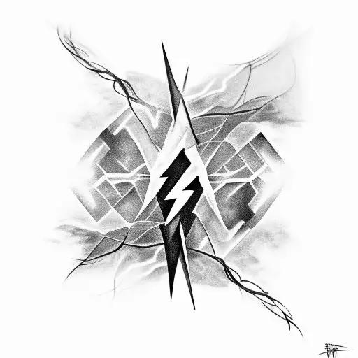 A Black And Grey Tattoo Of Lightning Intertwined With Abstract Geometric Shapes