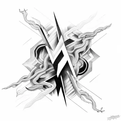A Black And Grey Tattoo Of Lightning Intertwined With Abstract Geometric Shapes