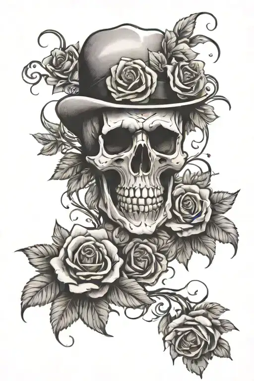 Skull And Roses With A Chiano Style Tattoo Featuring