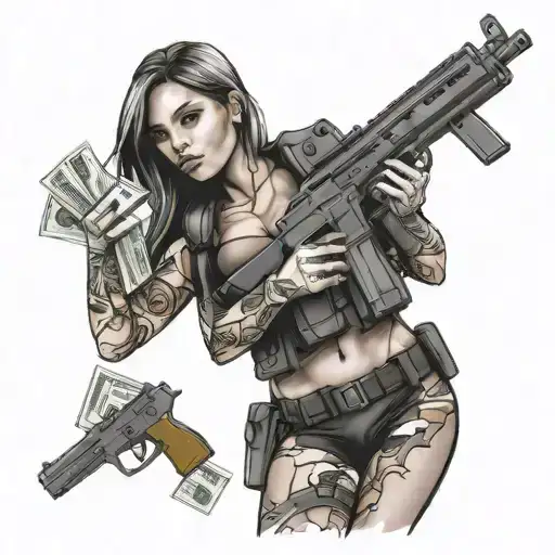 Create A Tattoo Of A Female Commando Holding A Stack Of Cash And A Gun