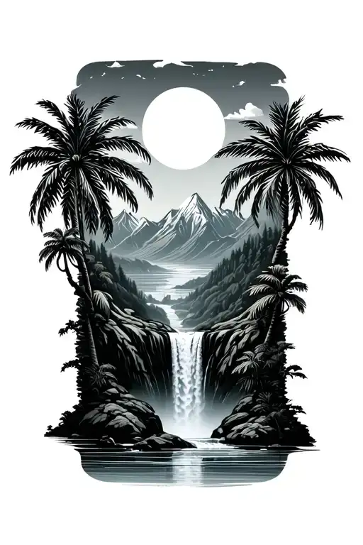 Waterfall Sun Mountain Palm Trees