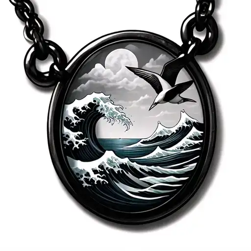 Necklace With Ocean Charm On It Depicting A Ocean Wave And Bird Above It Minimalist