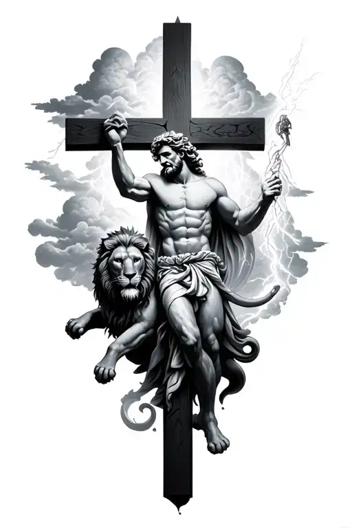 God In The Cross With Zeus Holding A Lightning And Clouds And A Lion