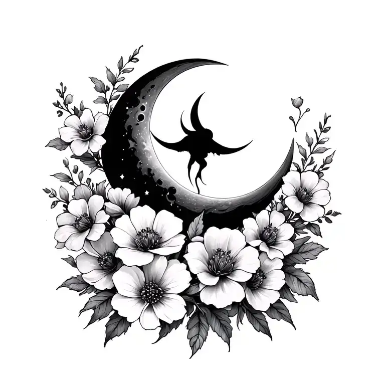 Black Moon And Flowers Blooming
