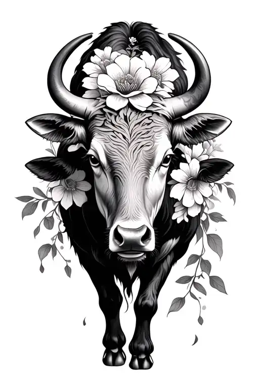 Japanese Ox And Flowers Surrounding