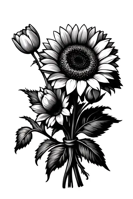 Sunflower And Tulip Bouquet With Stems Tied Together