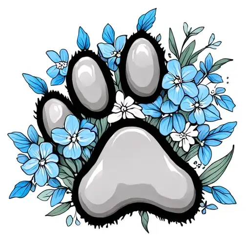 Dog Paw Print With Forget Me Not Flowers