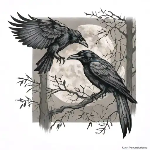 Ravens In Woods With A Moon Merging Together