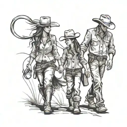 A Cowboy Holding Hands With His Younger Daughter Walking