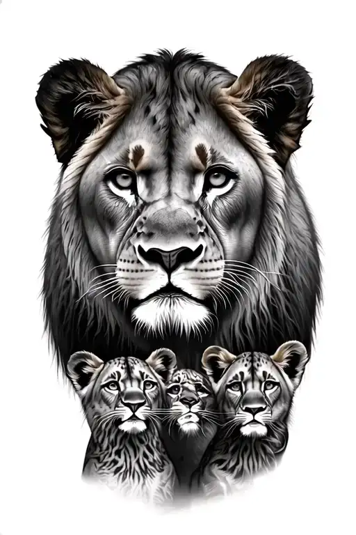 Lioness And 2 Cubs Face Only