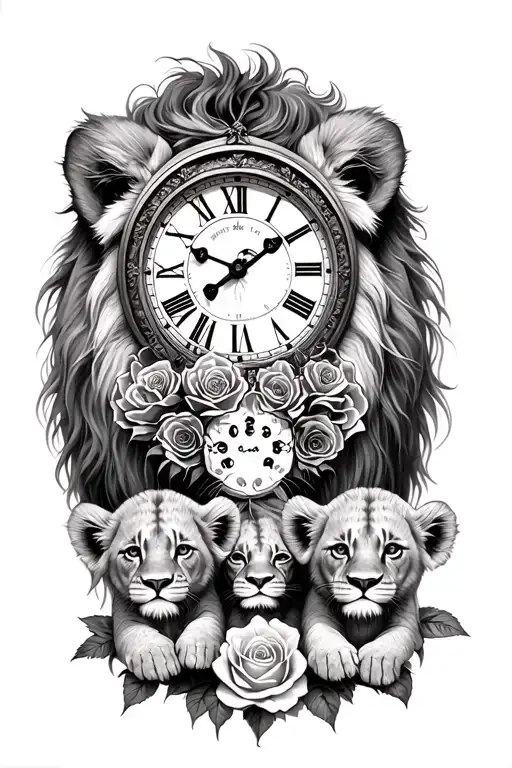 Lioness And 2 Cubs With Roses And Old Clock Face