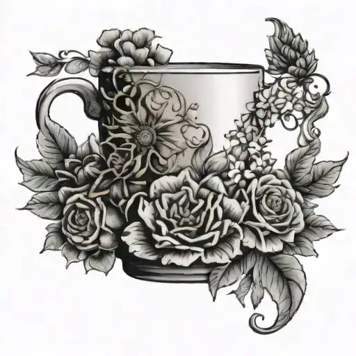 A Coffee Mug Surrounded By Blooming Flowers And Lush Greenery