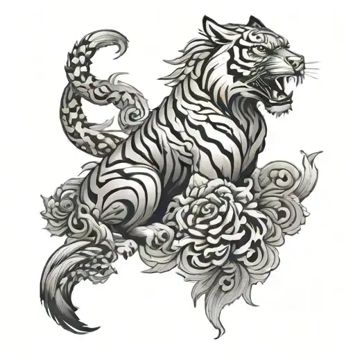 Tiger And Phoenix Shoulder Tattoo In Japanese Style