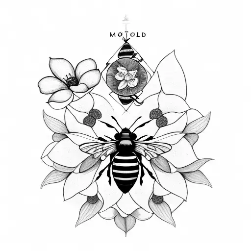 Bloomed Magnolia With A Bee And A Geometric Design Behind It