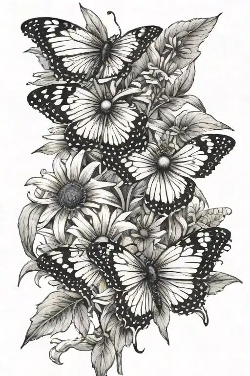 Single Black Eyed Susan Flower With 3 Butterflies Flying