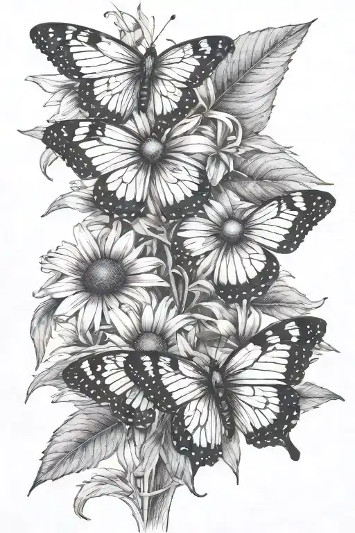 One Black Eyed Susan Flower With 3 Small Butterflies Flying