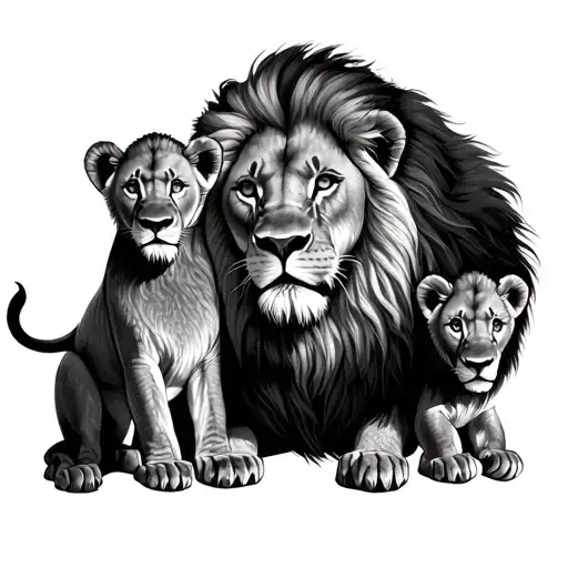 Lion With Three Cubs