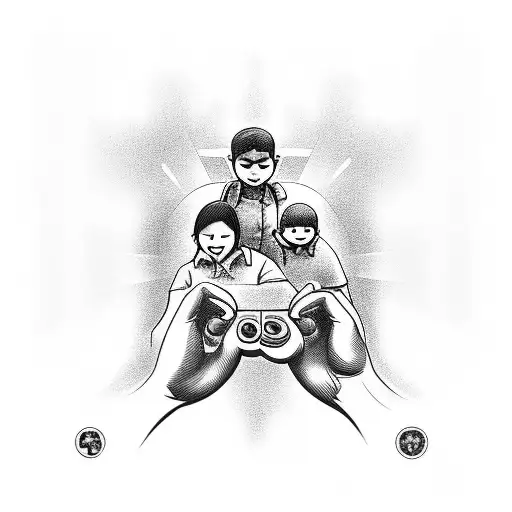 A Tattoo Of A Family Portrait With Each Member Holding A Different Video Game Controller