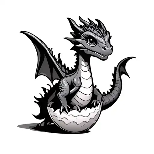 Cartoon Baby Dragon With Tail Wrapped Around Egg