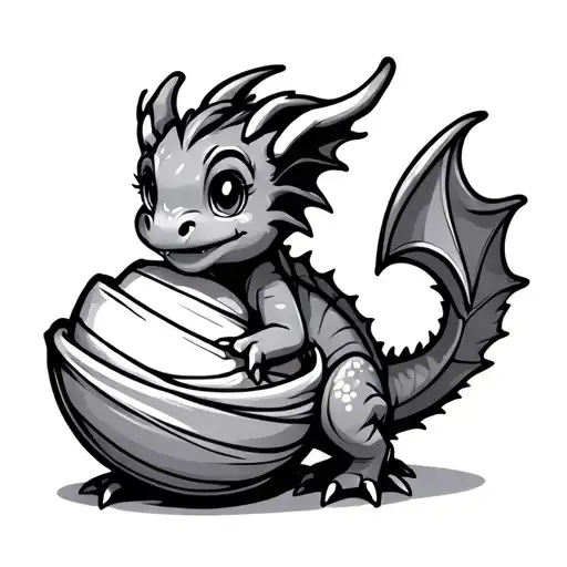 Cute Cartoon Baby Dragon With Tail Wrapped Around Egg