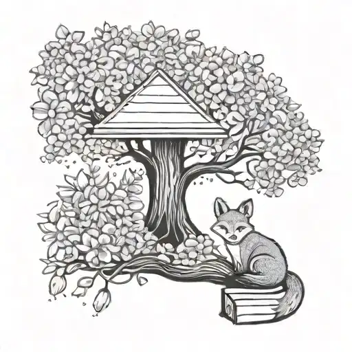 A Whimsical Scene Of A Fox Reading A Book Under A Tree Surrounded By Blooming Flowers