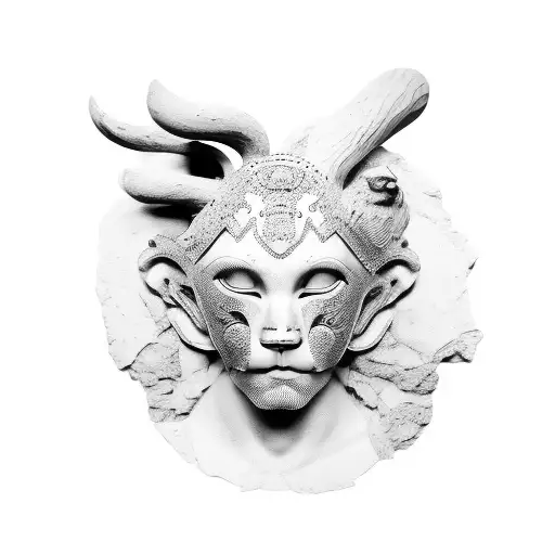 Broken Statue Of Person With Animal Mask