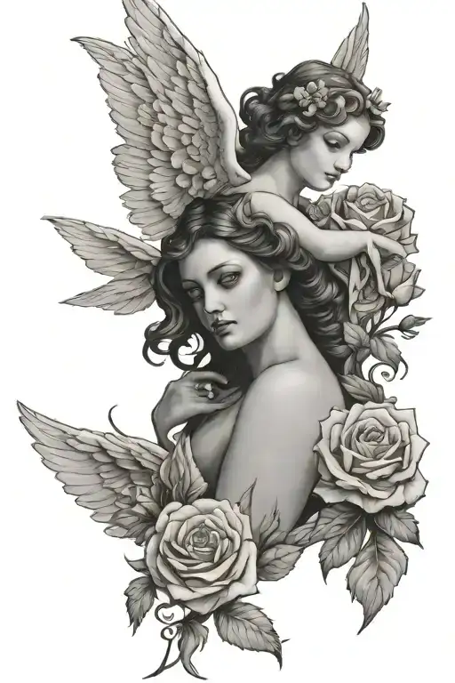 Angel With Carnations And Roses Above It For A Forearm