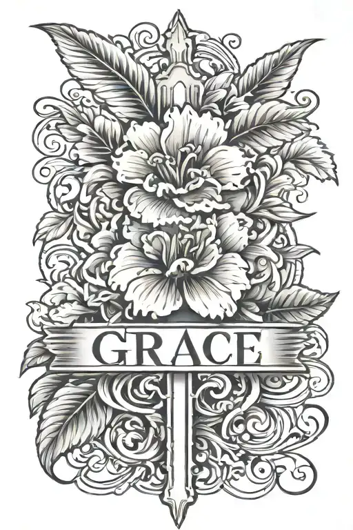 Cross Tattoo With A Carnation Flower With The Stem As The Word Grace In Cursive