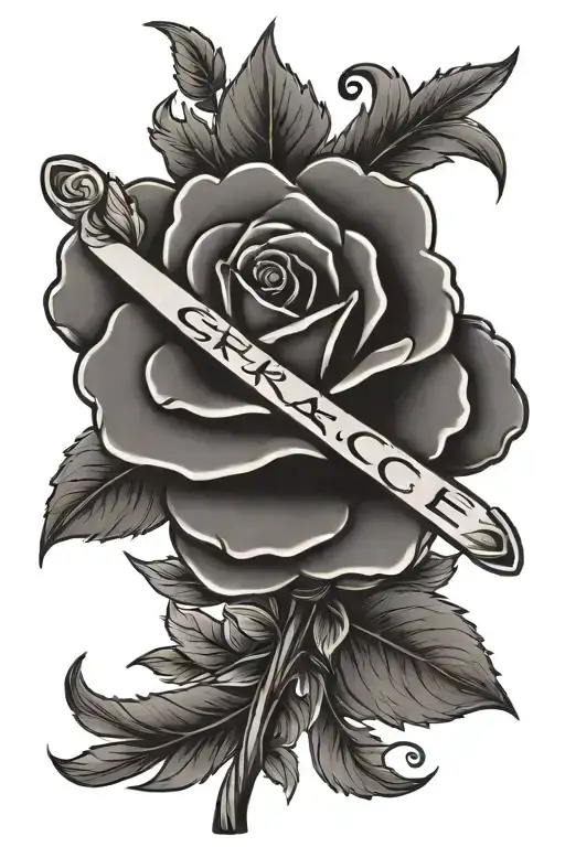Cross Tattoo With A Carnation Flower With The Stem As The Word Grace In Cursive