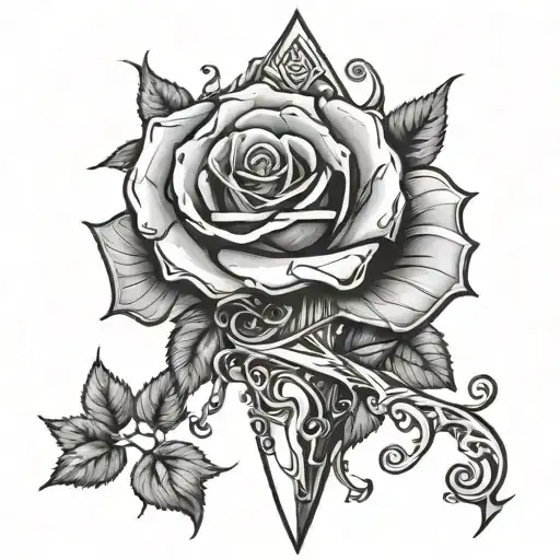 Dagger Through Hand Wrapped In Vines And Black Rose