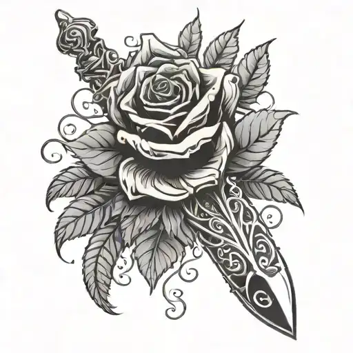 Dagger Through Human Hand Wrapped In Vines And Black Rose