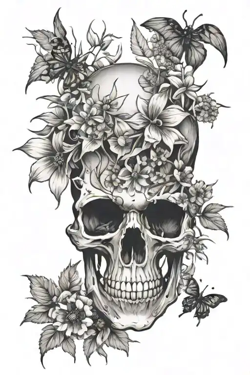 Skull With Wildflowers Growing Out And Spider