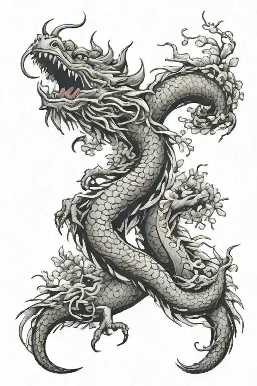 Japanese Style Dragon And Wisteria Neck Tattoo Design