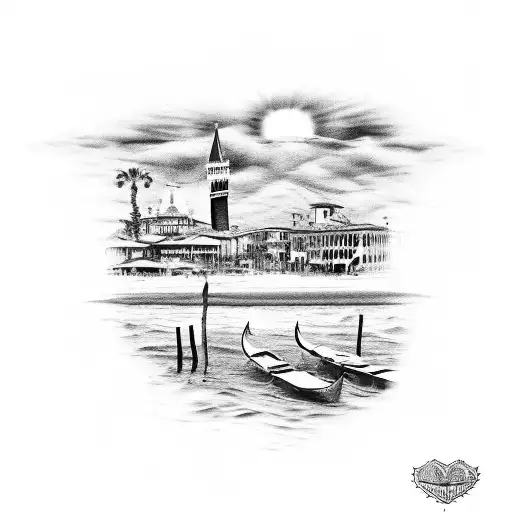 A Sketch-style Tattoo Depicting The Venice Beach Boardwalk With Hidden Elements Of Guns And Jewelry