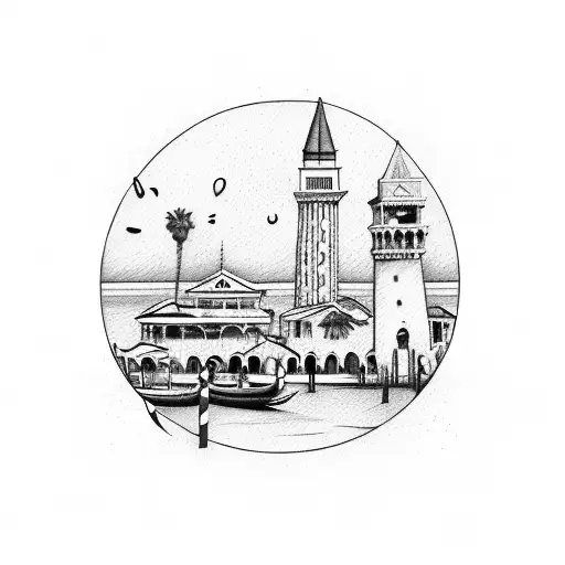 A Sketch-style Tattoo Depicting The Venice Beach Boardwalk With Hidden Elements Of Guns And Jewelry