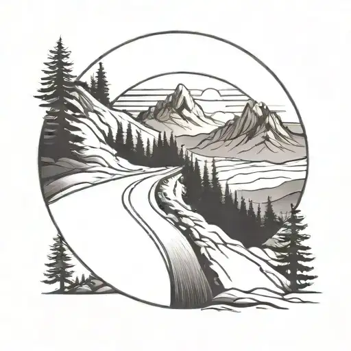 Black And White Graphic Tattoo Round Shape Road In The Mountains Sunset