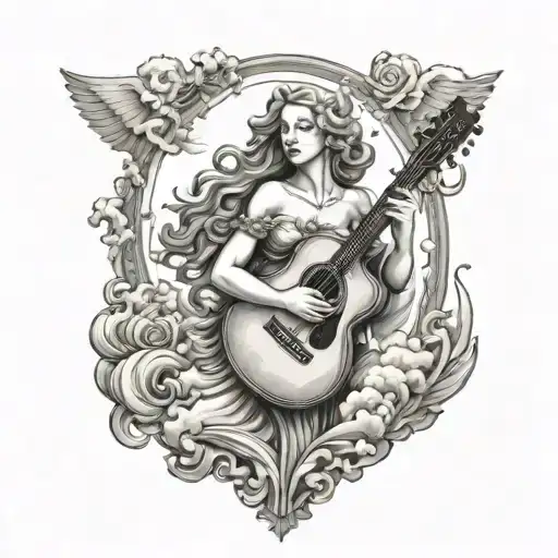 Love Goddess Aphrodite In The Clouds Holding Two Arm Guitar